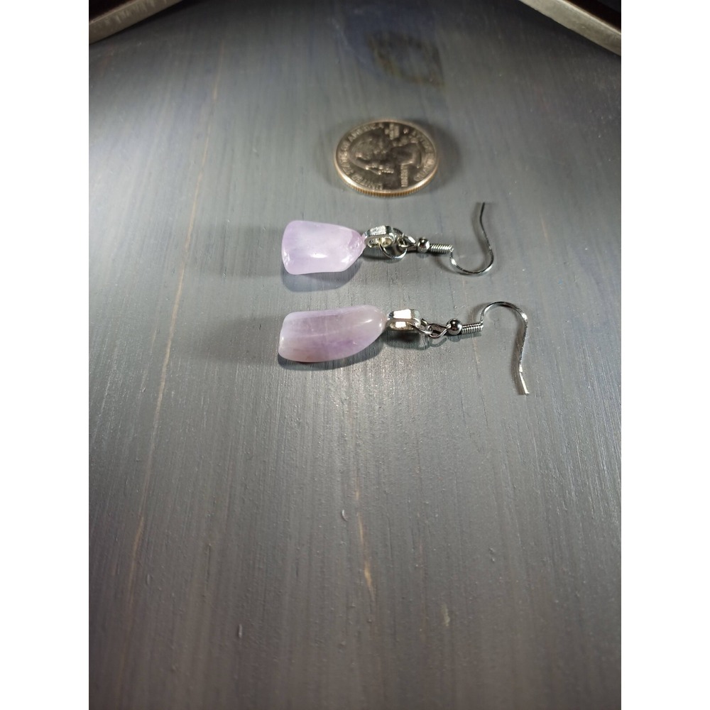 Purple Fluorite Crystal Drop Earrings Nickel Free Silver Tone Tumbled Stone Boho - Picture 3 of 5